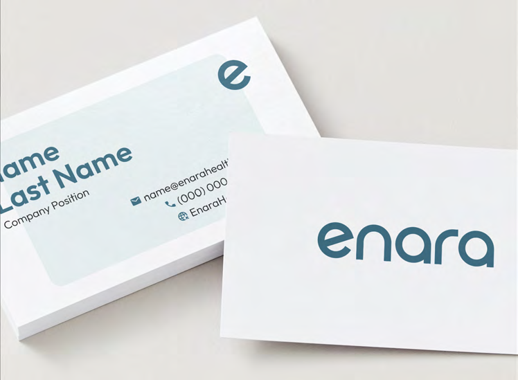 Business card mockup showing front (logo only) and back (name, title, contact)