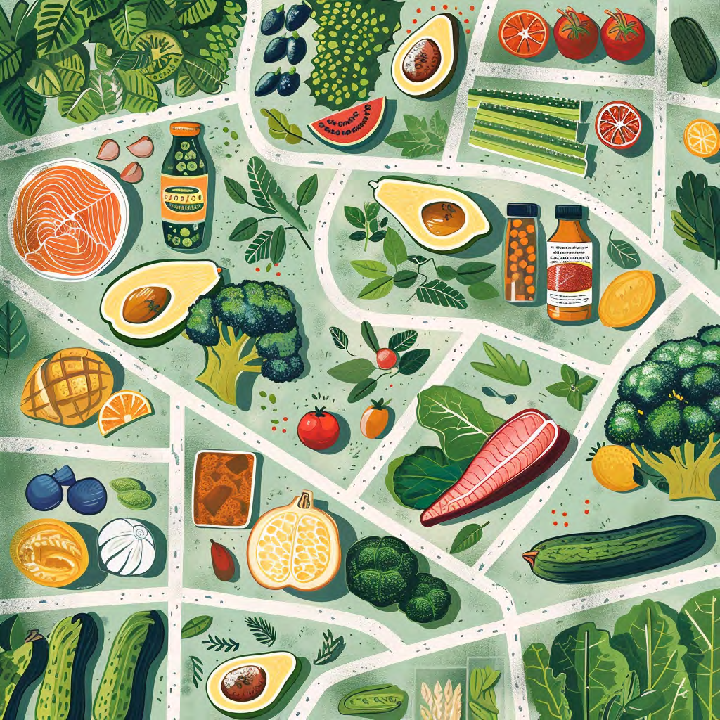 Overhead food map showing a variety of vegetables, proteins, and ingredients