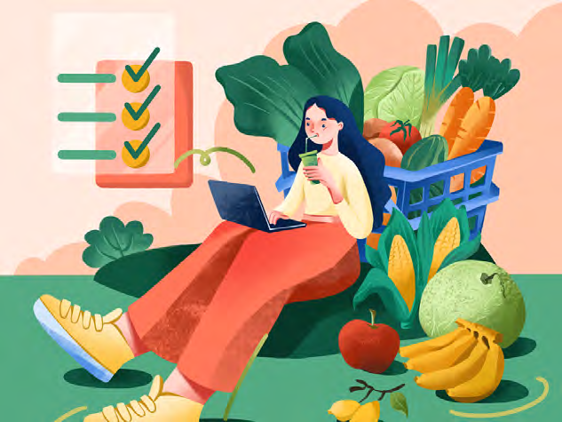 Woman reviewing a nutrition checklist while surrounded by healthy food