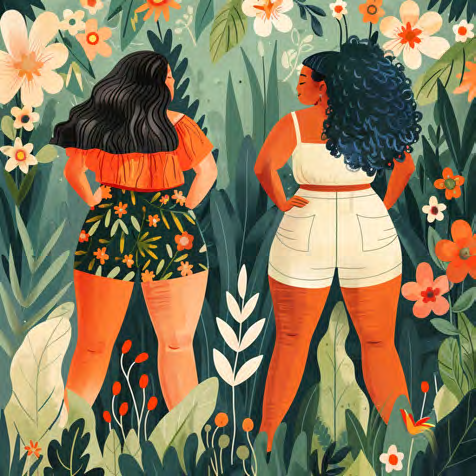 Two women standing together in a garden, representing community and support