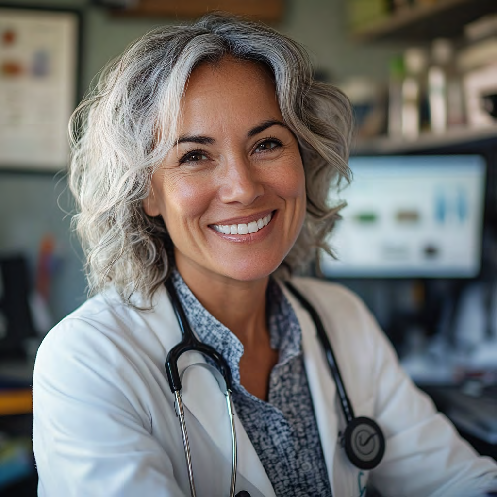 Doctor smiling in a clinical office setting, representing professionalism and care