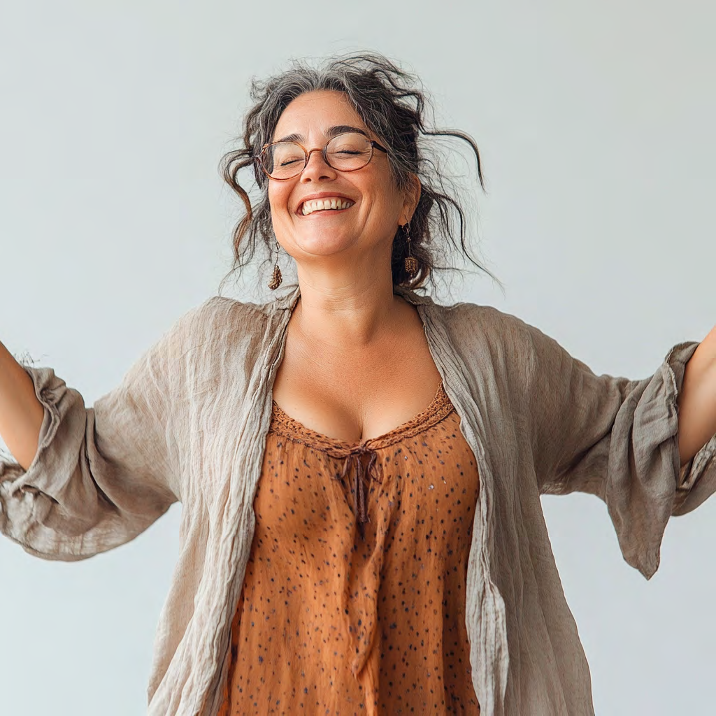 Person with arms open and smiling, representing openness and positive health journey