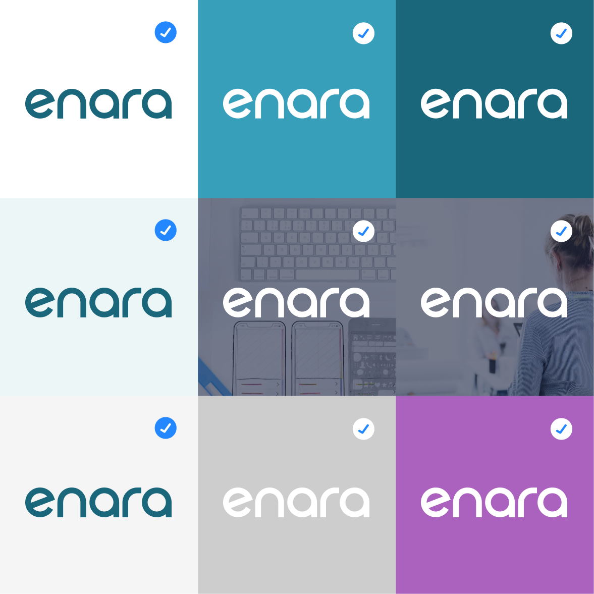 Logo usage examples across different backgrounds